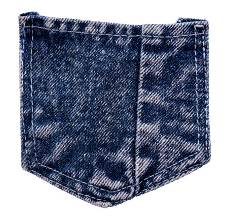 Piece of torn denim on a white background. Denim texture. Pocket
