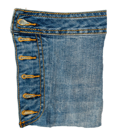 Piece of torn denim on a white background. Denim textureの写真素材
