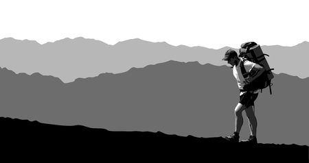 Man with a backpack going up the hill. mountains in the backgroundのイラスト素材