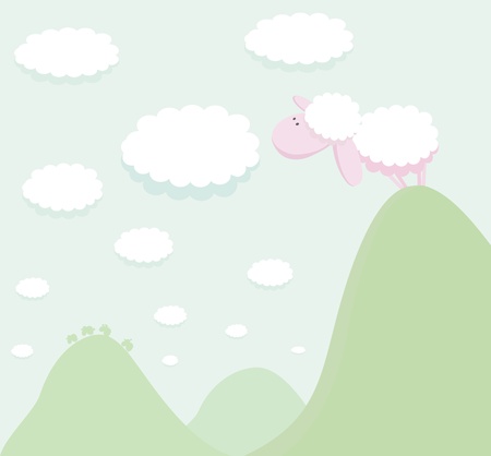 Sheep standing on top of a mountain looking at the cloudのイラスト素材