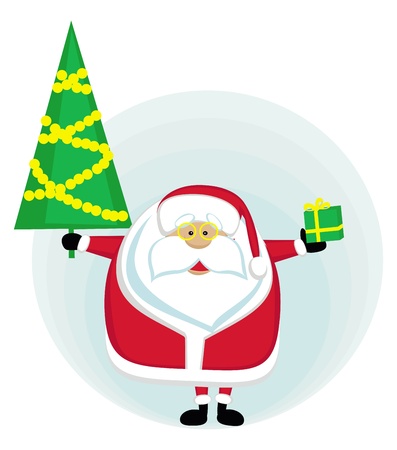 Santa holding Cristmas tree and present. Vector illustrationのイラスト素材