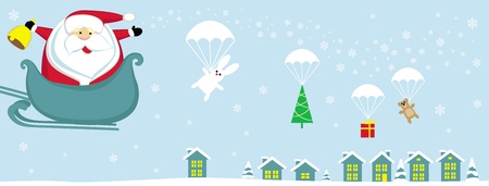 Cartoon Santa with bell in sleight dropping presents with parachutesのイラスト素材