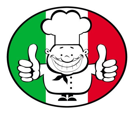 Cartoon smiling chef showing thumbs up on italian flag background. Separate layersのイラスト素材