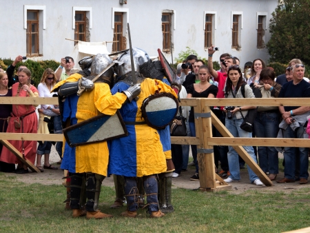 KAMYANETS-PODILSKY- JUNE 2: Knights in armor during Forpost (The Outpost) Festival of Medieval Culture on June 2, Ukraineのeditorial素材