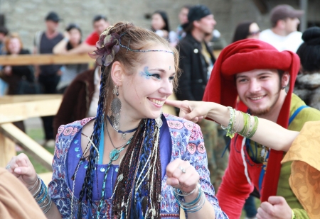 KAMYANETS-PODILSKY- JUNE 2:Girls in costumes during Forpost (The Outpost) Festival of Medieval Culture on June 2, Ukraineのeditorial素材