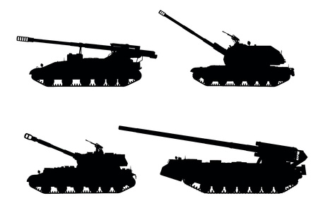 Artillery  Tracked self-propelled howitzer vector silhouettes setのイラスト素材