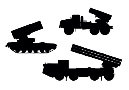 Multiple launch rocket system  MLRS  vector silhouettes set のイラスト素材