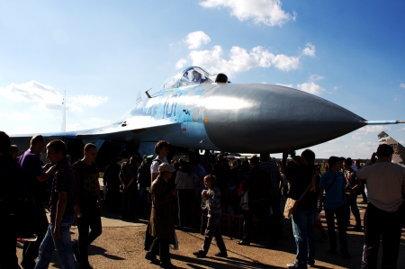 KYIV, UKRAINE - SEPTEMBER 29: Ukrainian Air Force Su-27 during 8th International Aviation Salon...