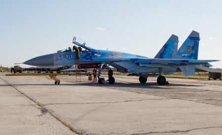 KYIV, UKRAINE - SEPTEMBER 29: Ukrainian Air Force Su-27 during 8th International Aviation Salon...