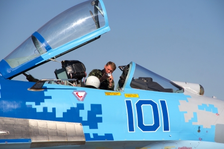 KYIV, UKRAINE - SEPTEMBER 29: Ukrainian Air Force Su-27 during 8th International Aviation Salon...