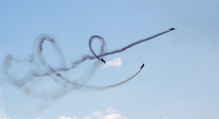 KYIV, UKRAINE - SEPTEMBER 29: Yak-52 flying  during 8th International Aviation Salon...