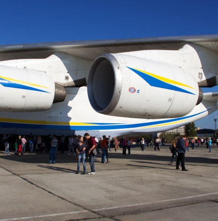 KYIV, UKRAINE - SEPTEMBER 29: World biggest plane Antonov An-225 engine during 8th International Aviation Salon AVIASVIT-XXI;September  29, 2012 in Kyiv, Gostomel Airfield, Ukraineのeditorial素材