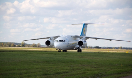 KYIV, UKRAINE - SEPTEMBER 29:Ukrainian Antonov An-158 during 8th International Aviation Salon AVIASVIT-XXI;September  29, 2012 in Kyiv, Gostomel Airfield, Ukraineのeditorial素材