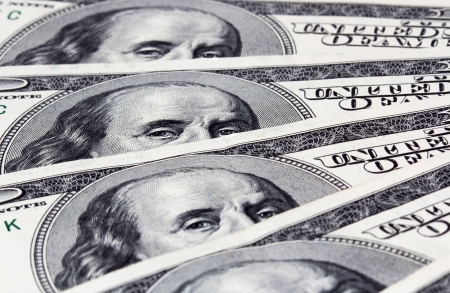 Background with American hundred dollar bills  Close up