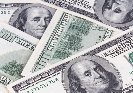 Background with American hundred dollar bills  Close up