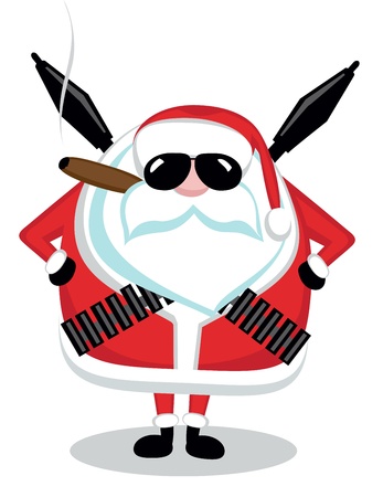 Funny cartoon Santa with ammunition, cigar and sunglassesのイラスト素材