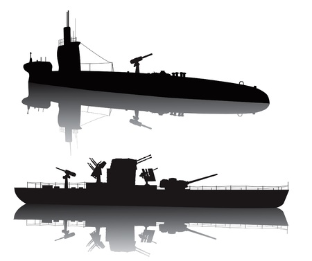 WW2 submarine and military ship vector silhouette with reflectionのイラスト素材