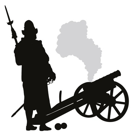 Conquistador with cannon detailed vector silhouette  のイラスト素材