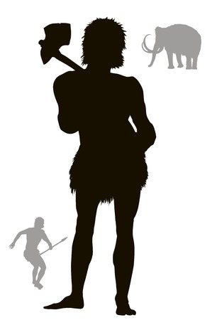 Cave man hunting with mammoth on background. Vector silhouetteのイラスト素材