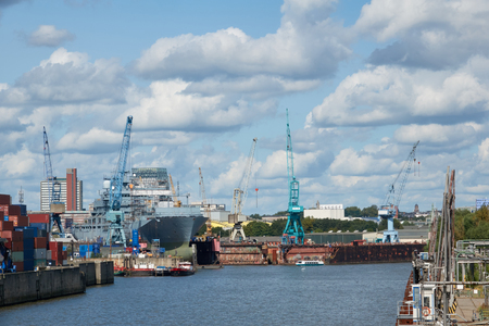 The largest seaport in Europe in Hamburg on the Elbe River.の写真素材