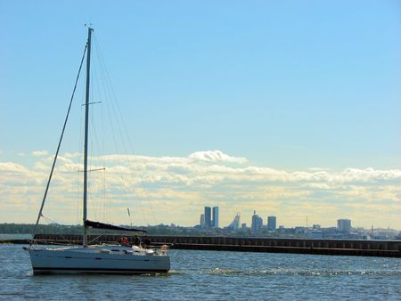 white ship in Pirita port of Estoniaの写真素材