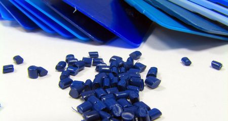 blue masterbatch and blue plastic samples on white