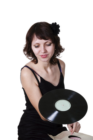 Girl with a gramophone recordの写真素材
