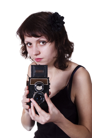 Girl with a twin-lens reflex cameraの写真素材