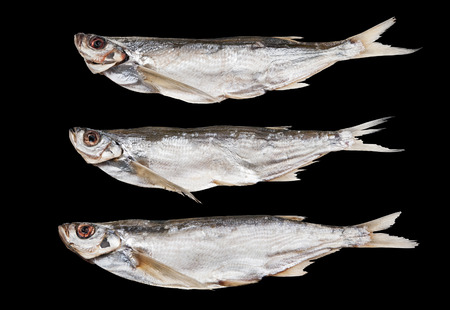 Dried sabrefish isolated on a black backgroundの写真素材