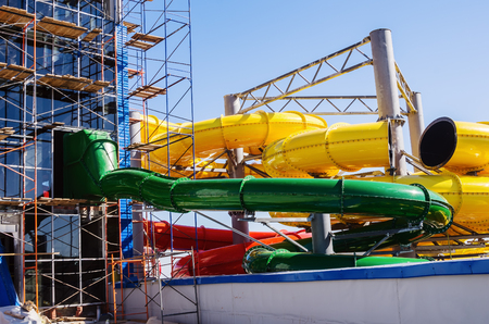 Scaffolding and water attraction pipes/ Photo taken at the construction of the water park "Limpopo" in the city of Orenburg. Russia. 04/21/2012のeditorial素材