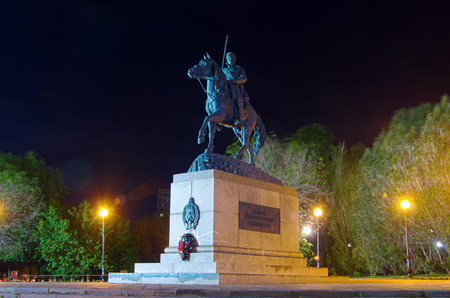Monument to the Orenburg Cossacks / Photo taken in Russia, in the city of Orenburg, at nightの写真素材