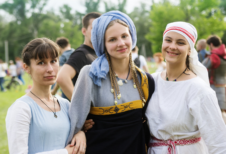 Three girls in medieval costumes / The picture was taken in Russia, in Orenburg, at theのeditorial素材