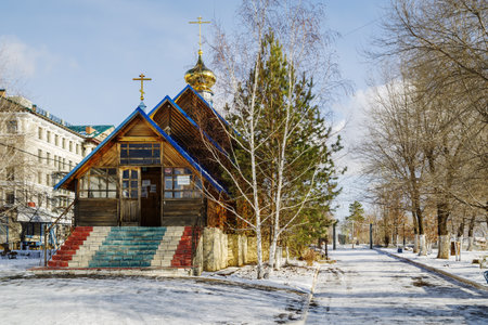 Orenburg, Russia - September, 14, 2020: Chapel of the Tabyn Mother of God near the Vvedenskaya Church in winterのeditorial素材