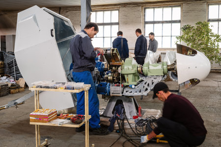 Orenburg, Russia - May, 26, 2020: Workers are engaged in the manufacture of a wind turbine in the factory floorのeditorial素材