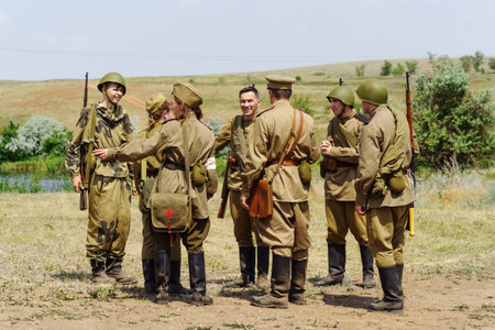 Chernorechye, Orenburg, Russia - June, 26, 2021: Historical reenactors in the uniform of the Red Army soldiers during the Second World Warのeditorial素材