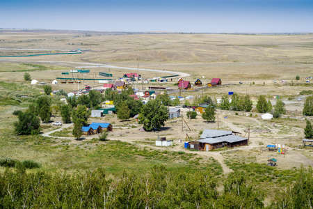 Arkaim, Chelyabinsk region, Russia - August, 24, 2021: Top view of tourist and infrastructural objects on the territory of the historical and cultural reserve Arkaimのeditorial素材