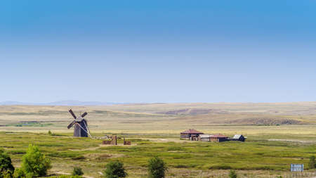 Arkaim, Chelyabinsk region, Russia - August, 24, 2021: Windmill and Cossack estateのeditorial素材