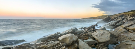 Panorama of ocean shore at a crack of dawn  Cape Breton, Nova Scotia, Canada 
