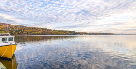 Panorama of harbour with a boat  (Cape Breton, Nova Scotia, Canada)の写真素材