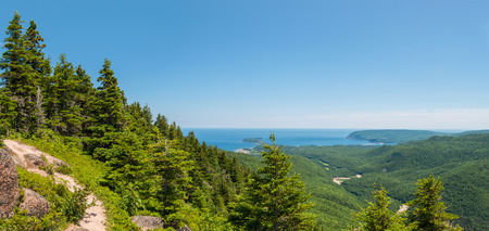 Panoramic view of canyon and coastline at Franey Mountain, Cape Breton Highlands National Park, Canada の写真素材