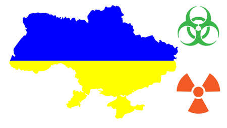 Signs of chemical and atomic weapons on the background of the map of Ukraine.の写真素材
