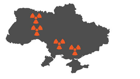 Radiation sign on the background of the map of Ukraine. The threat of a nuclear attack.の写真素材