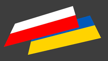 Flags of Poland and Ukraine on a gray background. Friendship of countries. politics.の写真素材