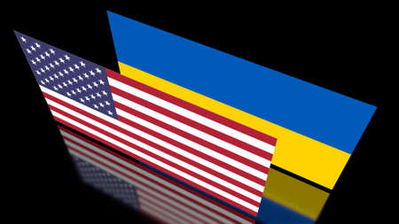 Flags of the USA and Ukraine. 3d simulation. Friendship of countries. policy and support.の写真素材
