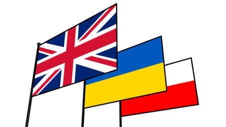 Flags of Ukraine, Poland, Great Britain on a flagpole. Friendship of countries.の写真素材