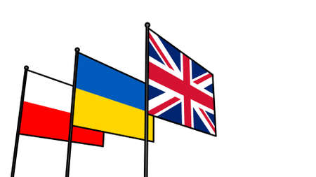 Flags of Ukraine, Poland, Great Britain on a flagpole. Friendship of countries.の写真素材