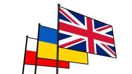 Flags of Ukraine, Poland, Great Britain on a flagpole. Friendship of countries.の写真素材