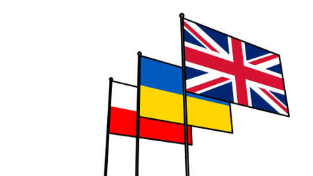 Flags of Ukraine, Poland, Great Britain on a flagpole. Friendship of countries.の写真素材