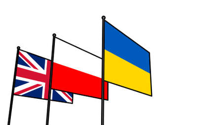 Flags of Ukraine, Poland, Great Britain on a flagpole. Friendship of countries.の写真素材