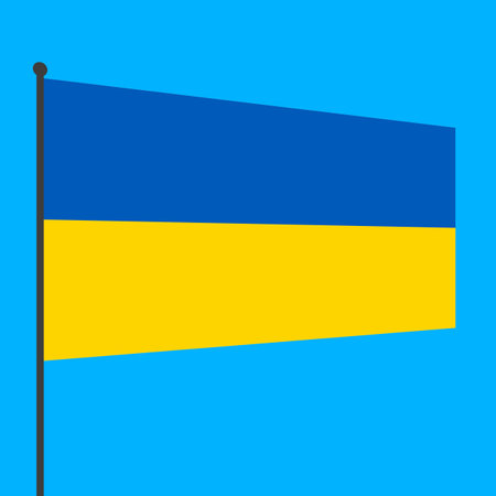 Flag of Ukraine on a flagpole on a blue background. countries of the world.の写真素材